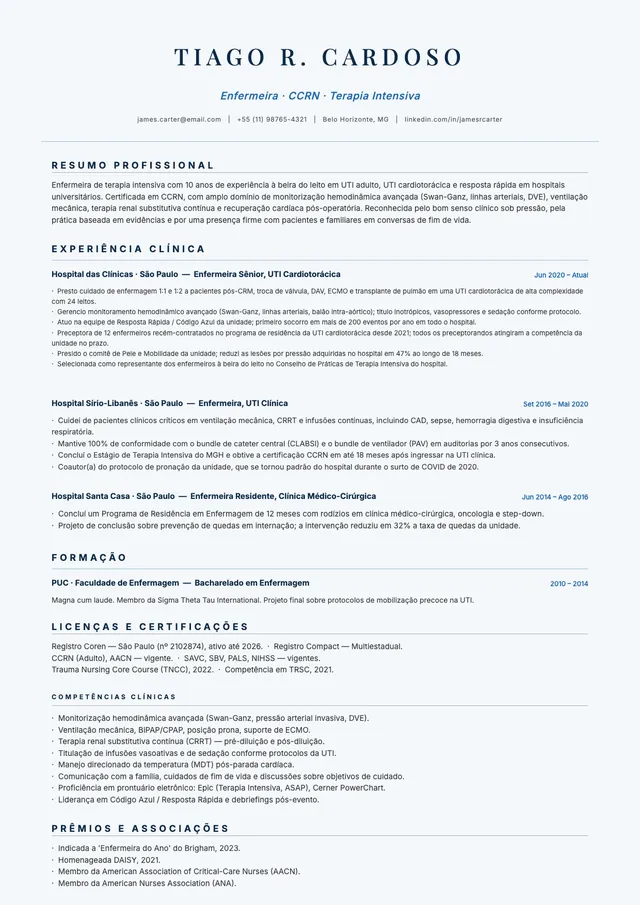 Modelo de currículo para enfermeiro registrado (RN)
