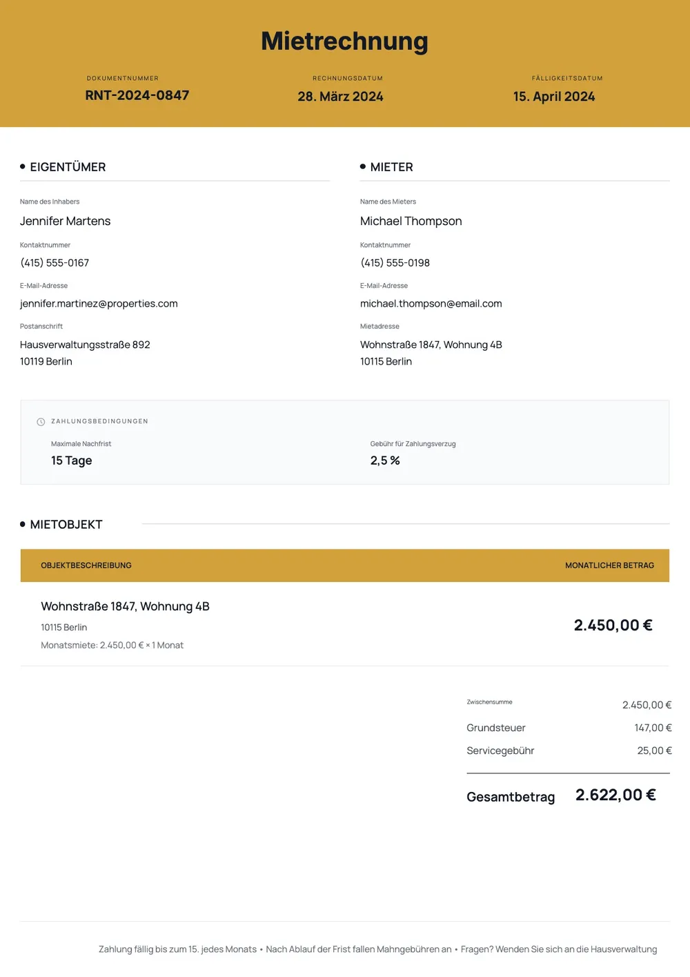 Rechnung für Vermietung