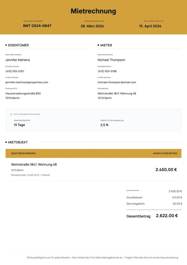Rechnung für Vermietung