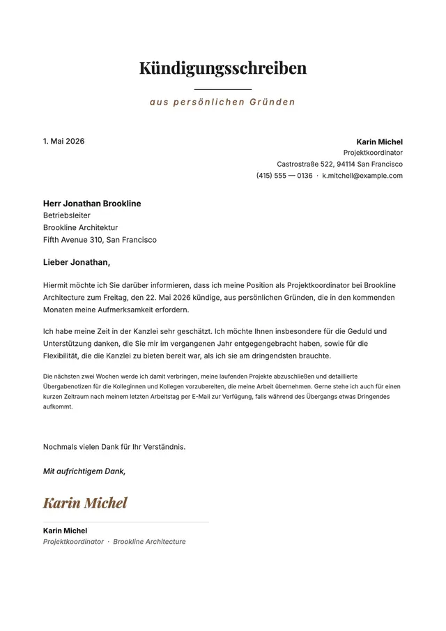 Kündigung aus persönlichen Gründen