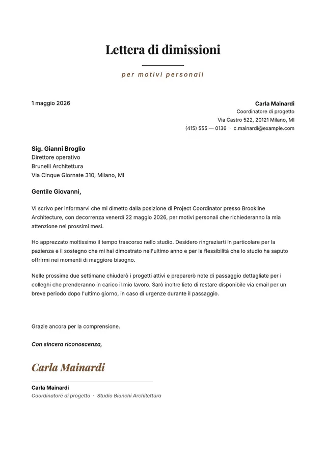 Lettera di dimissioni per motivi personali