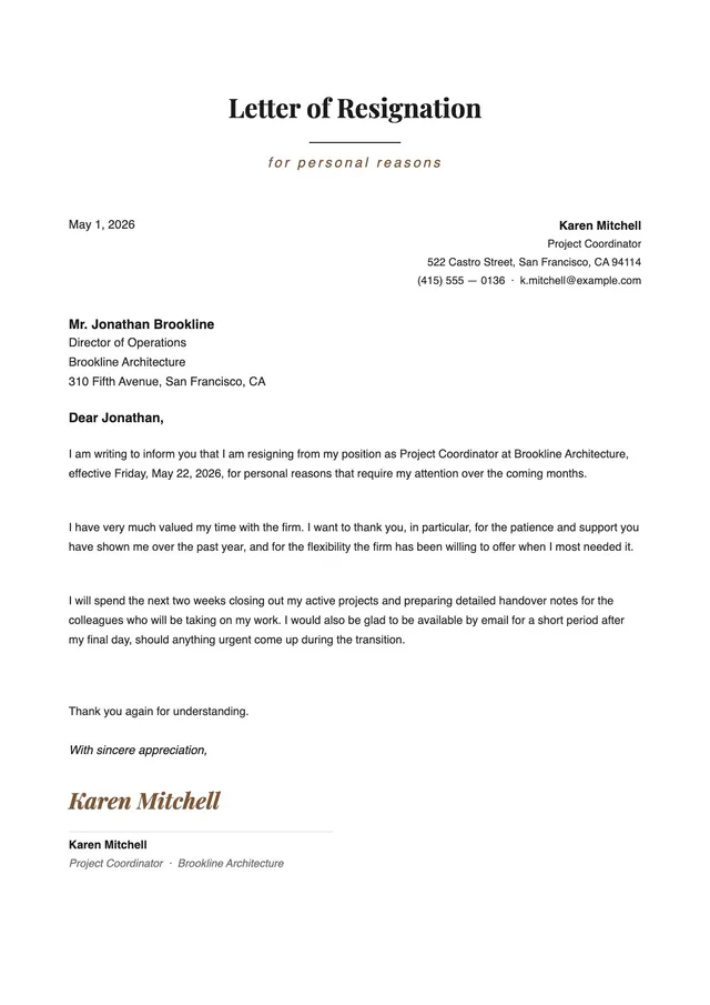 resignation-letter-for-personal-reasons form