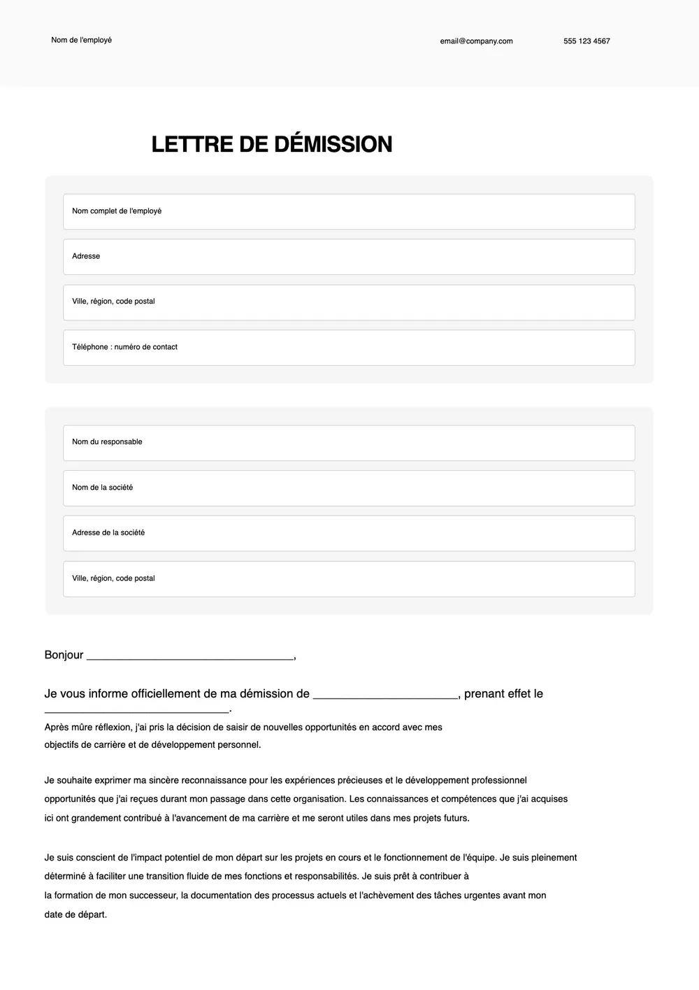 Modèle de lettre de démission