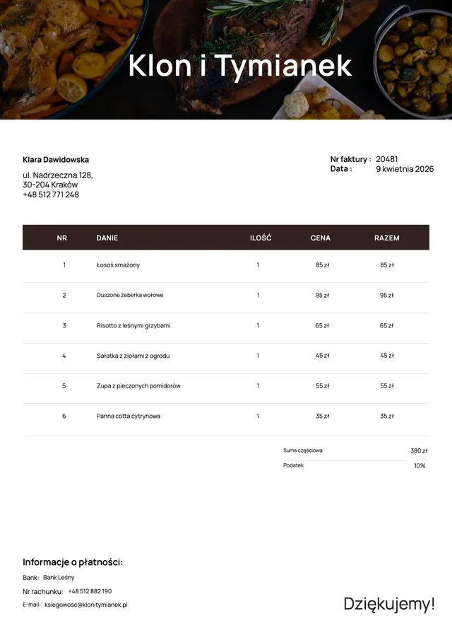 Faktura za catering restauracyjny