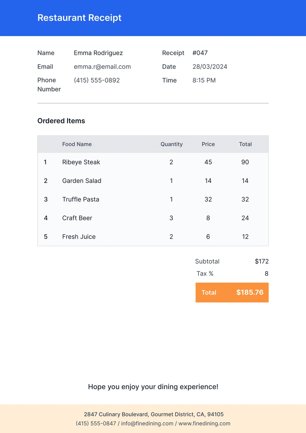 restaurant-receipt form