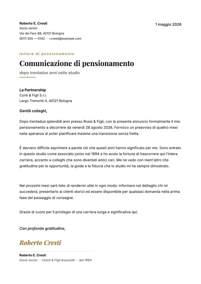 Lettera di dimissioni per pensionamento