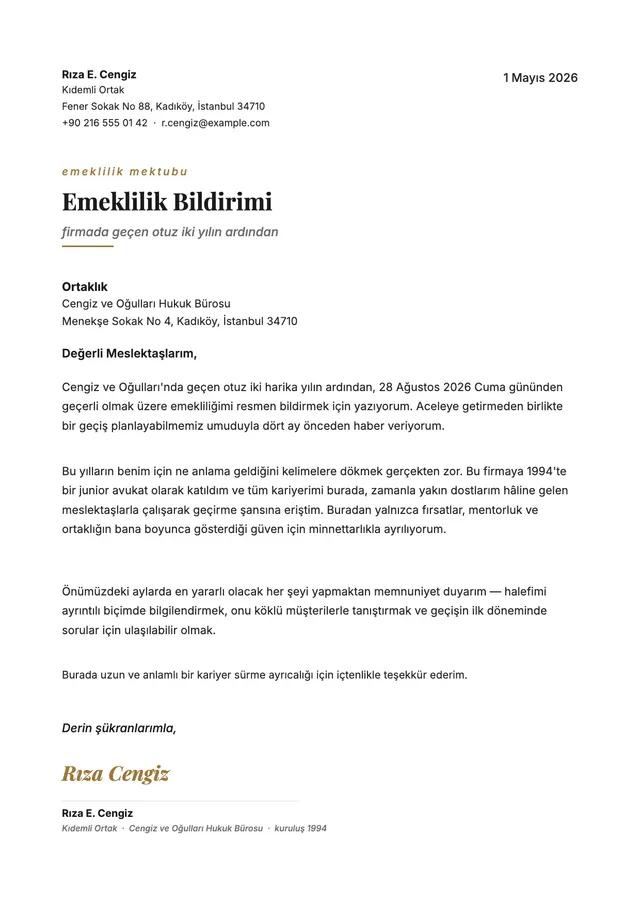 Emeklilik nedeniyle istifa dilekçesi