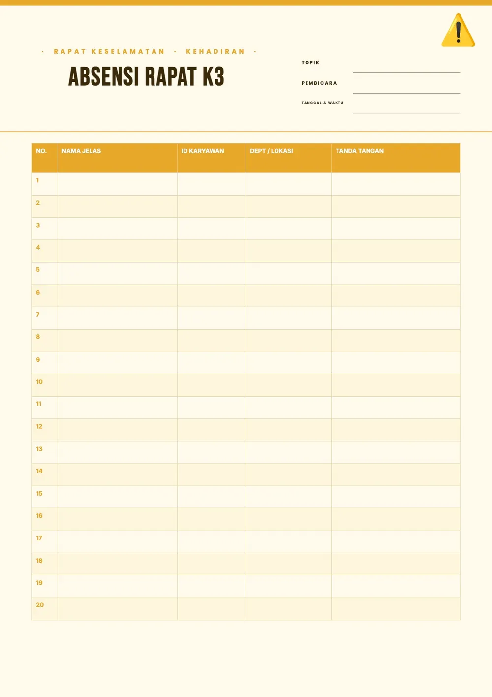 Daftar Hadir Rapat Keselamatan Kerja