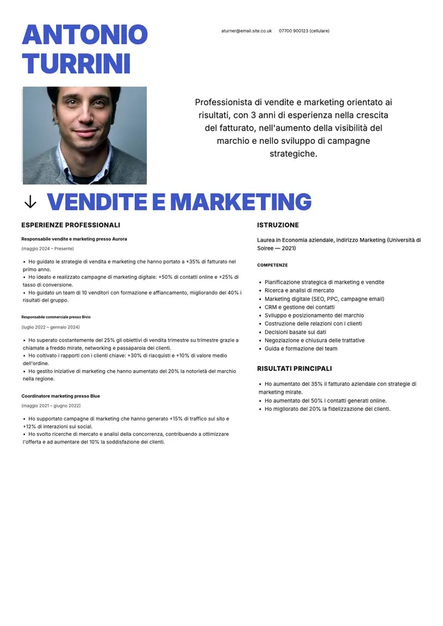 Curriculum per responsabile vendite e marketing