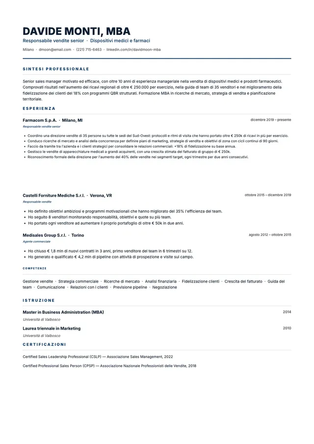 Curriculum per responsabile vendite