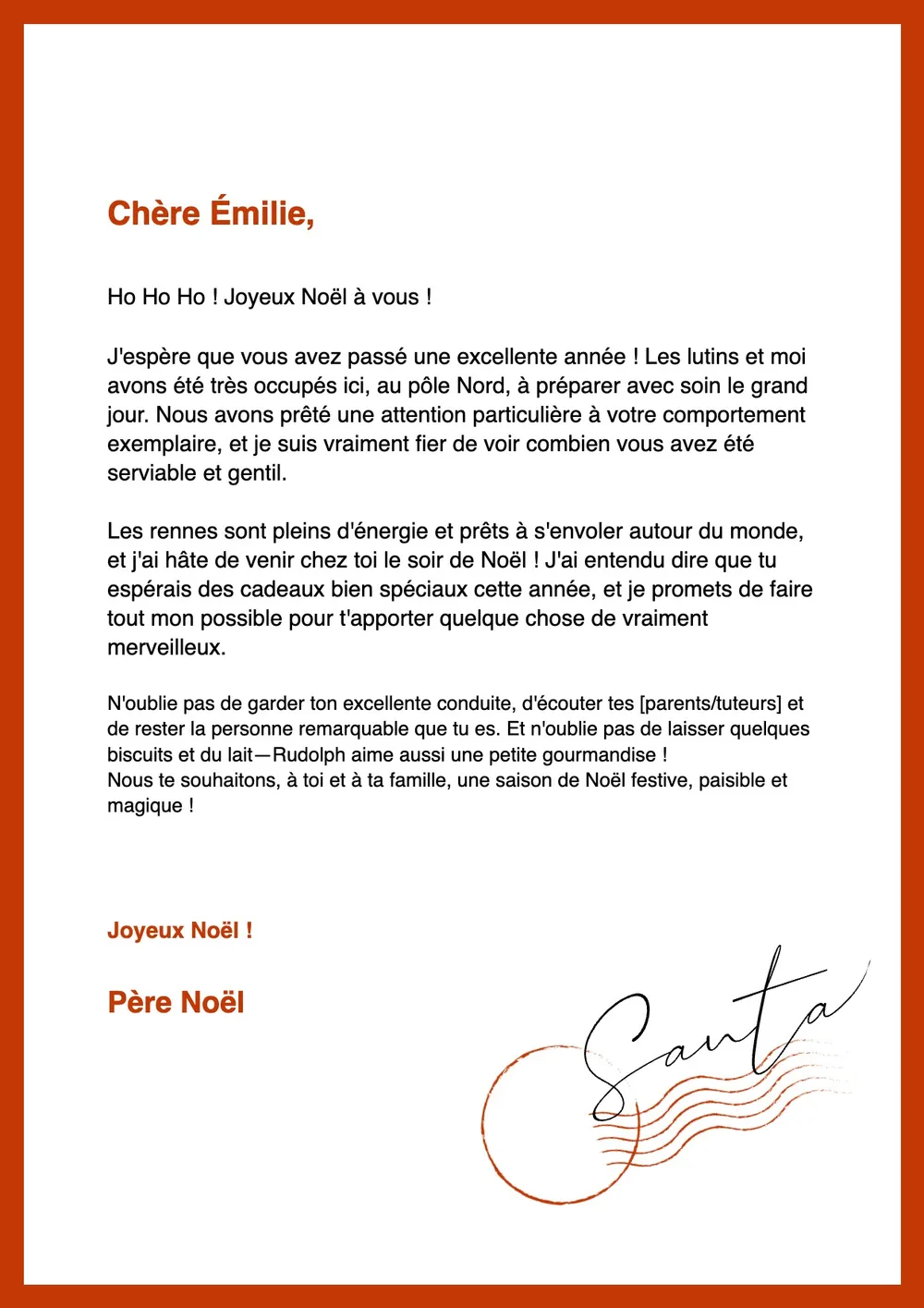 Modèle de lettre pour le Père Noël