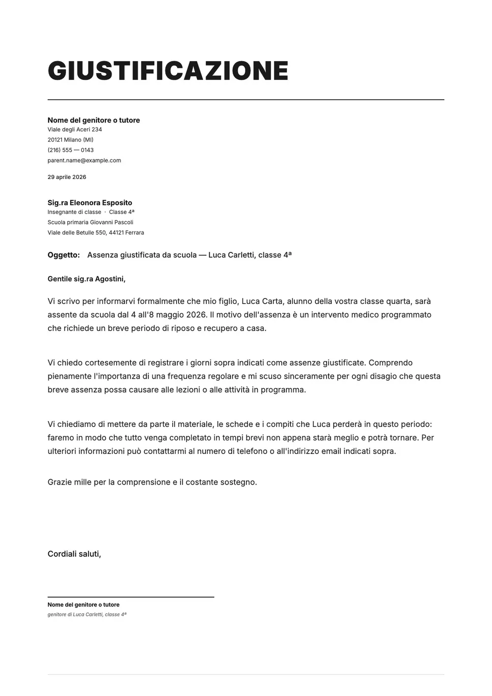 Giustificazione scolastica dei genitori