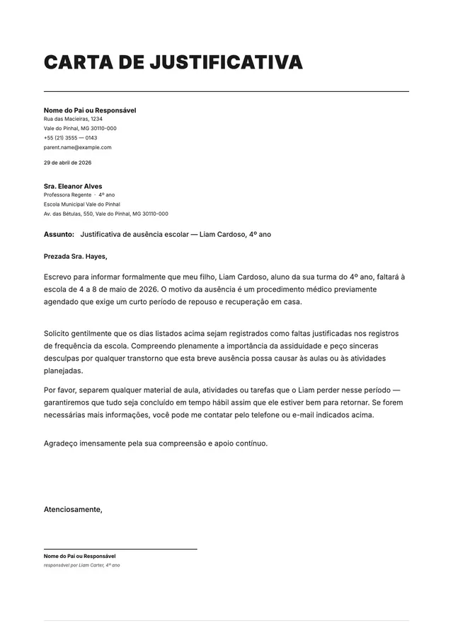 Carta de justificativa escolar dos pais
