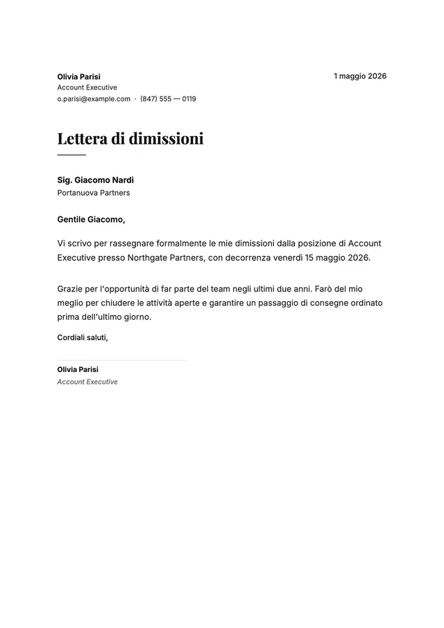 Lettera di dimissioni breve