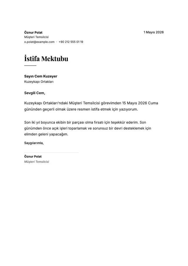 Kısa istifa dilekçesi