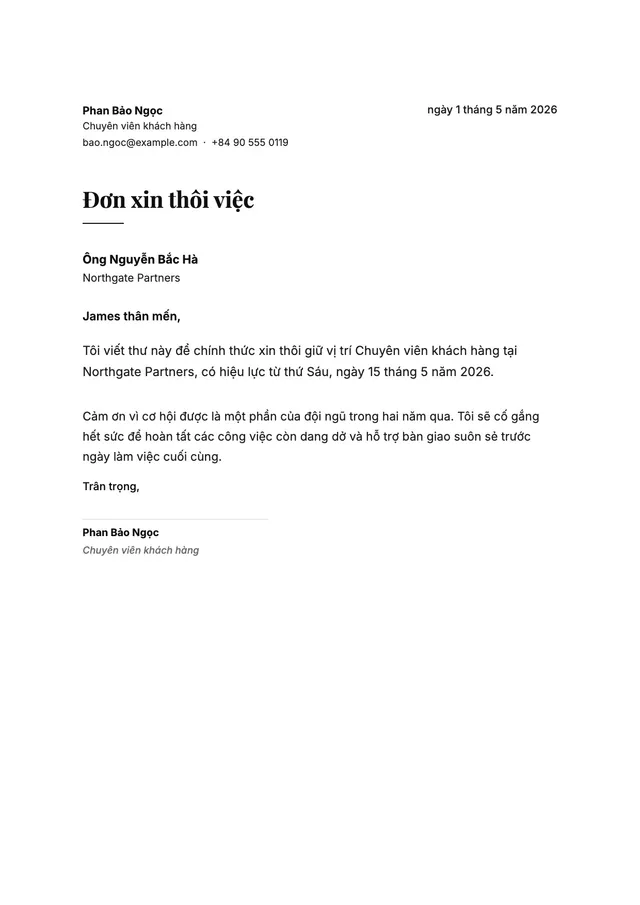 Đơn xin nghỉ việc ngắn gọn