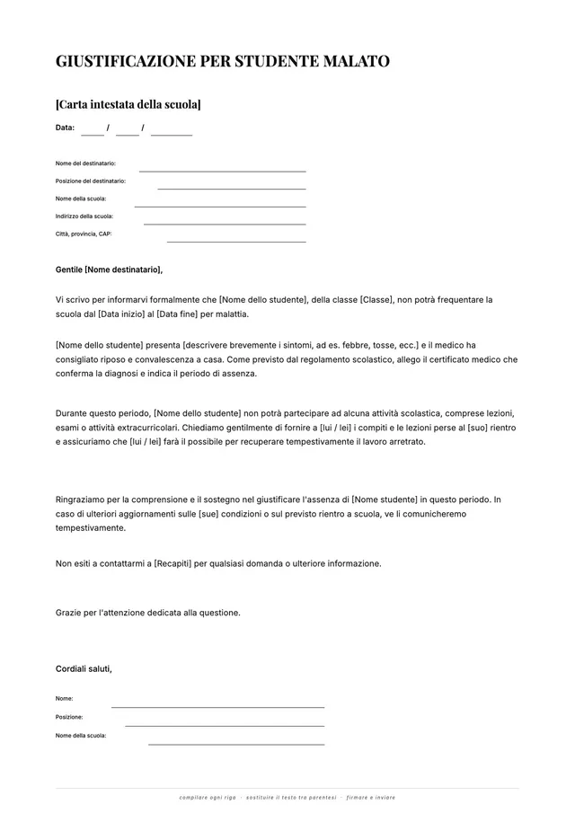Lettera di giustificazione per studente malato
