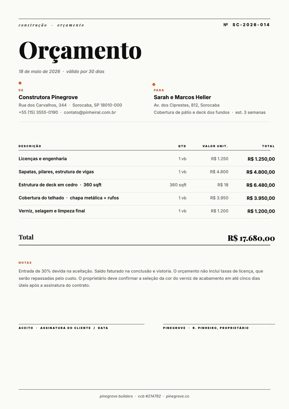Modelo simples de orçamento de obra