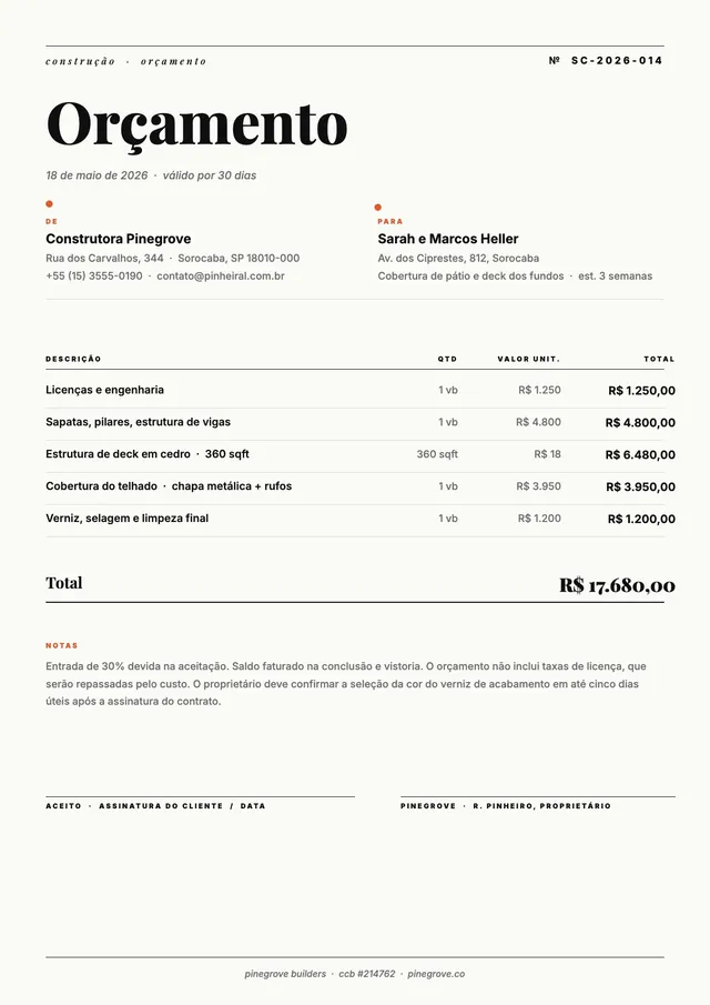 Modelo simples de orçamento de obra