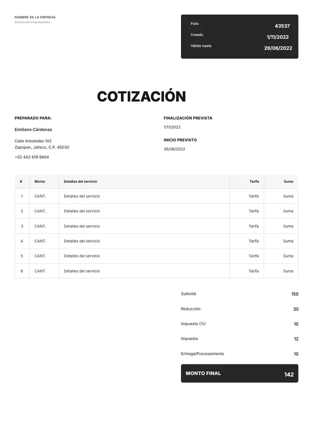 Plantilla de cotización para pequeñas empresas