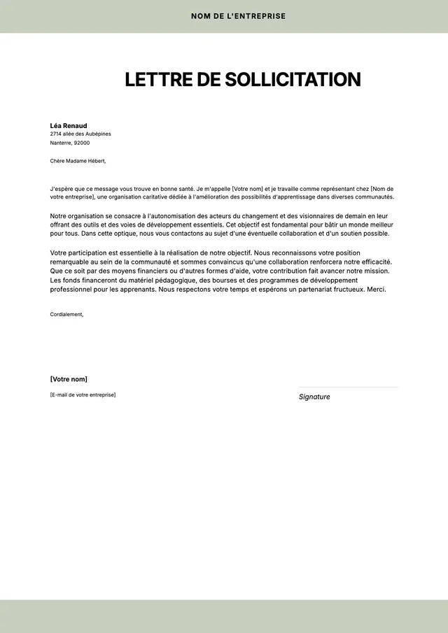 Modèle de lettre de sollicitation