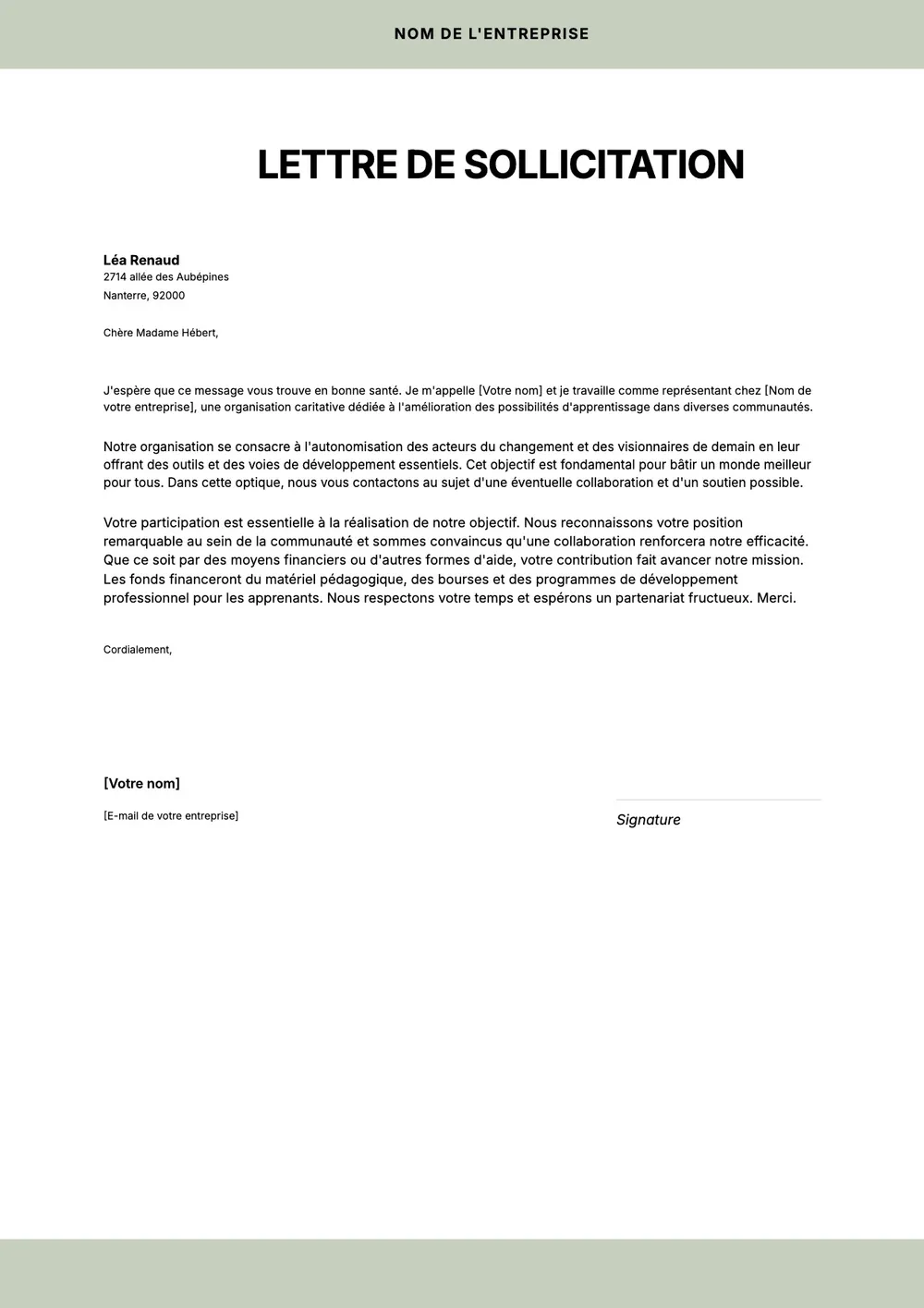 Modèle de lettre de sollicitation