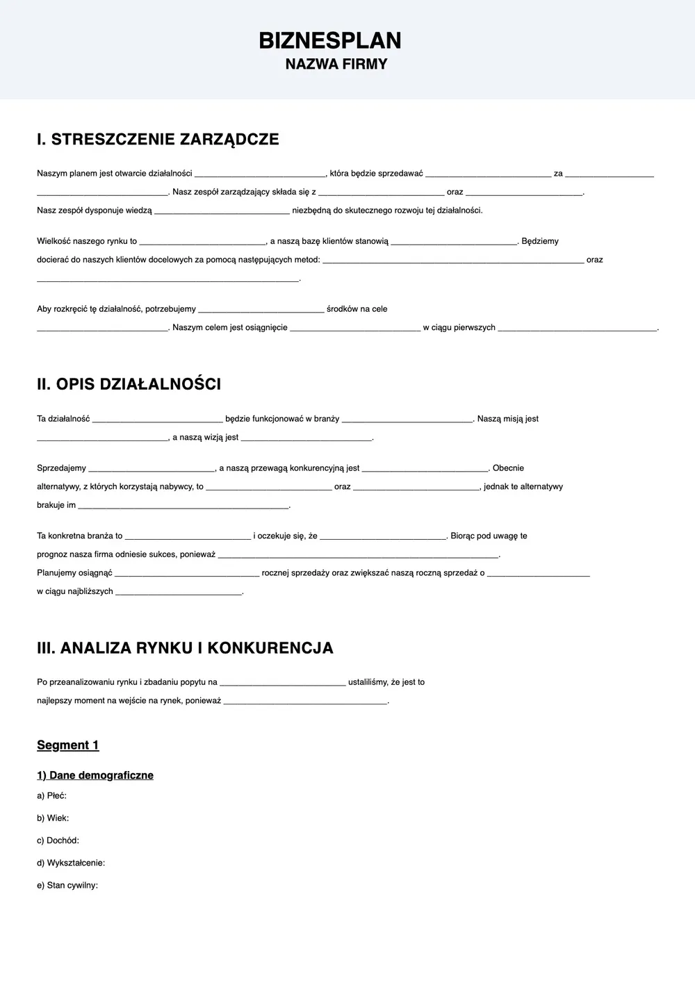Wzór biznesplanu startupu