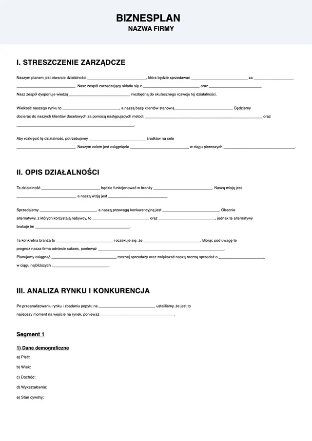 Wzór biznesplanu startupu
