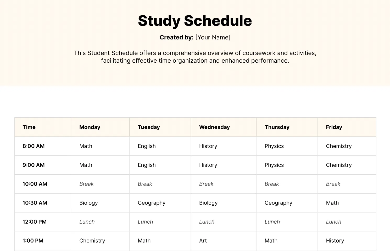 study schedule
