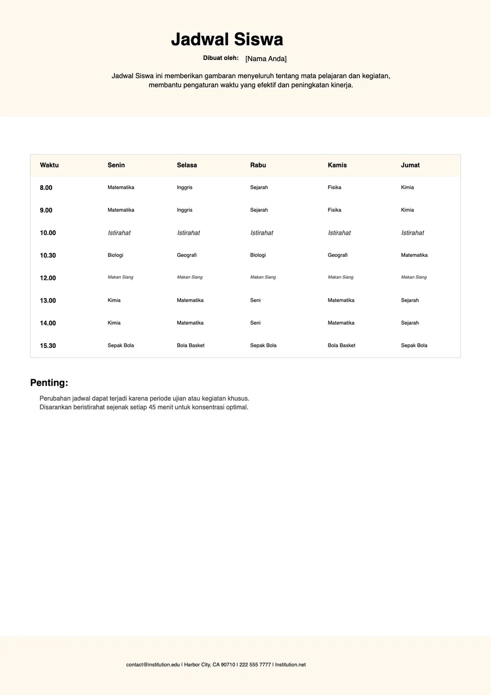 Templat Jadwal Belajar