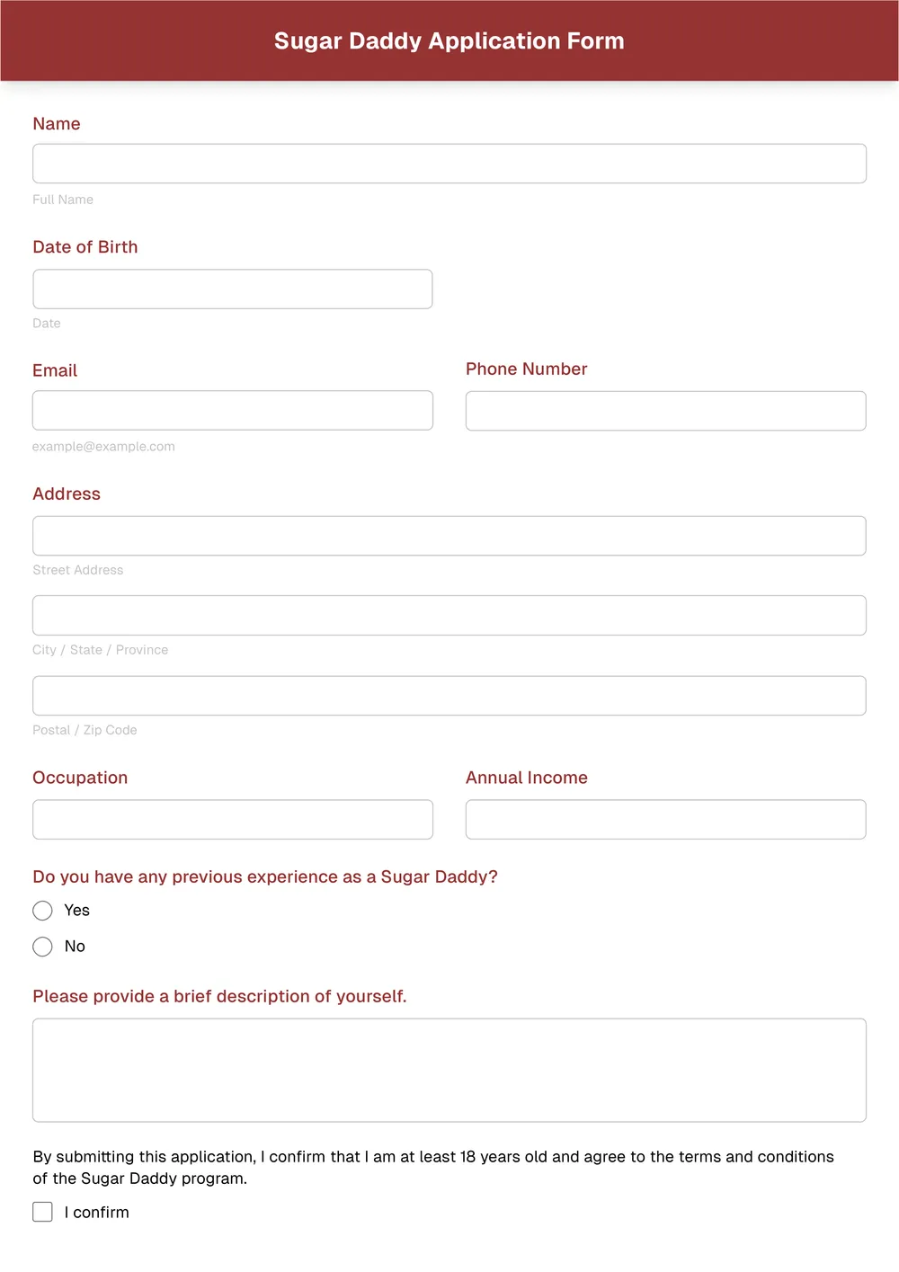 sugar daddy application form template