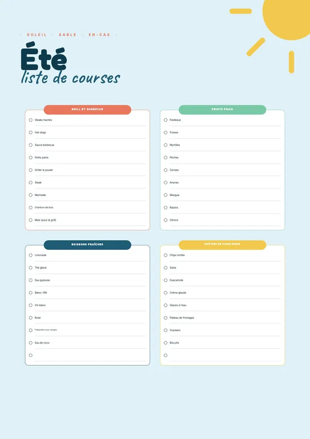 Liste de courses d'été