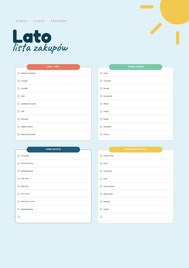 Letnia lista zakupów spożywczych
