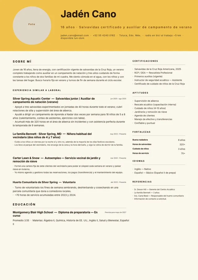 Currículum para un trabajo de verano