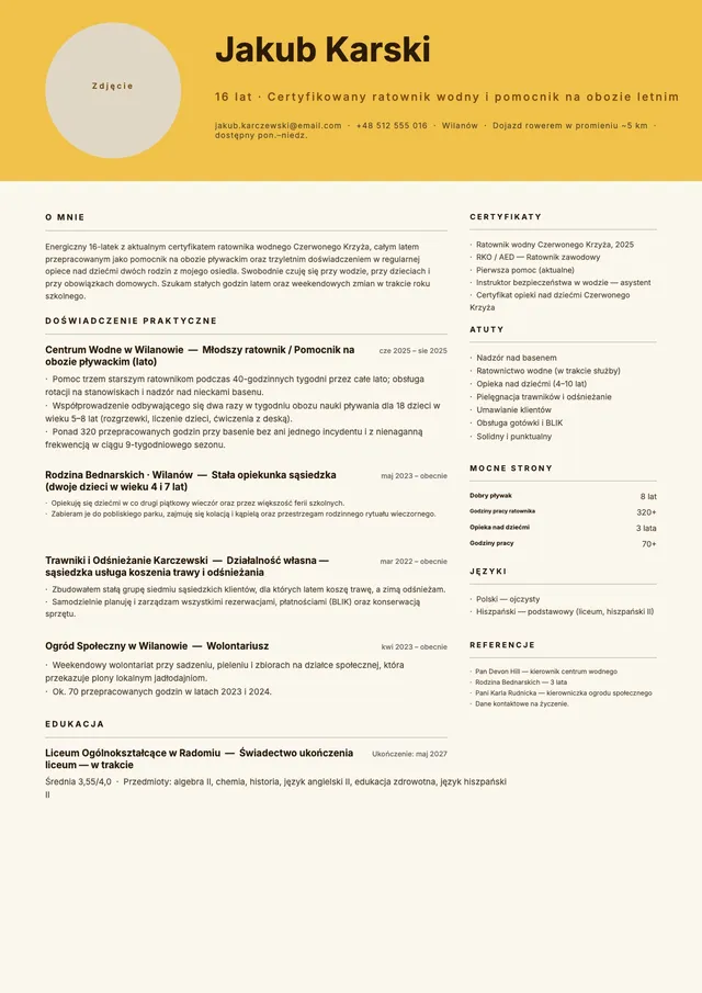 Wzór CV ucznia do pracy sezonowej