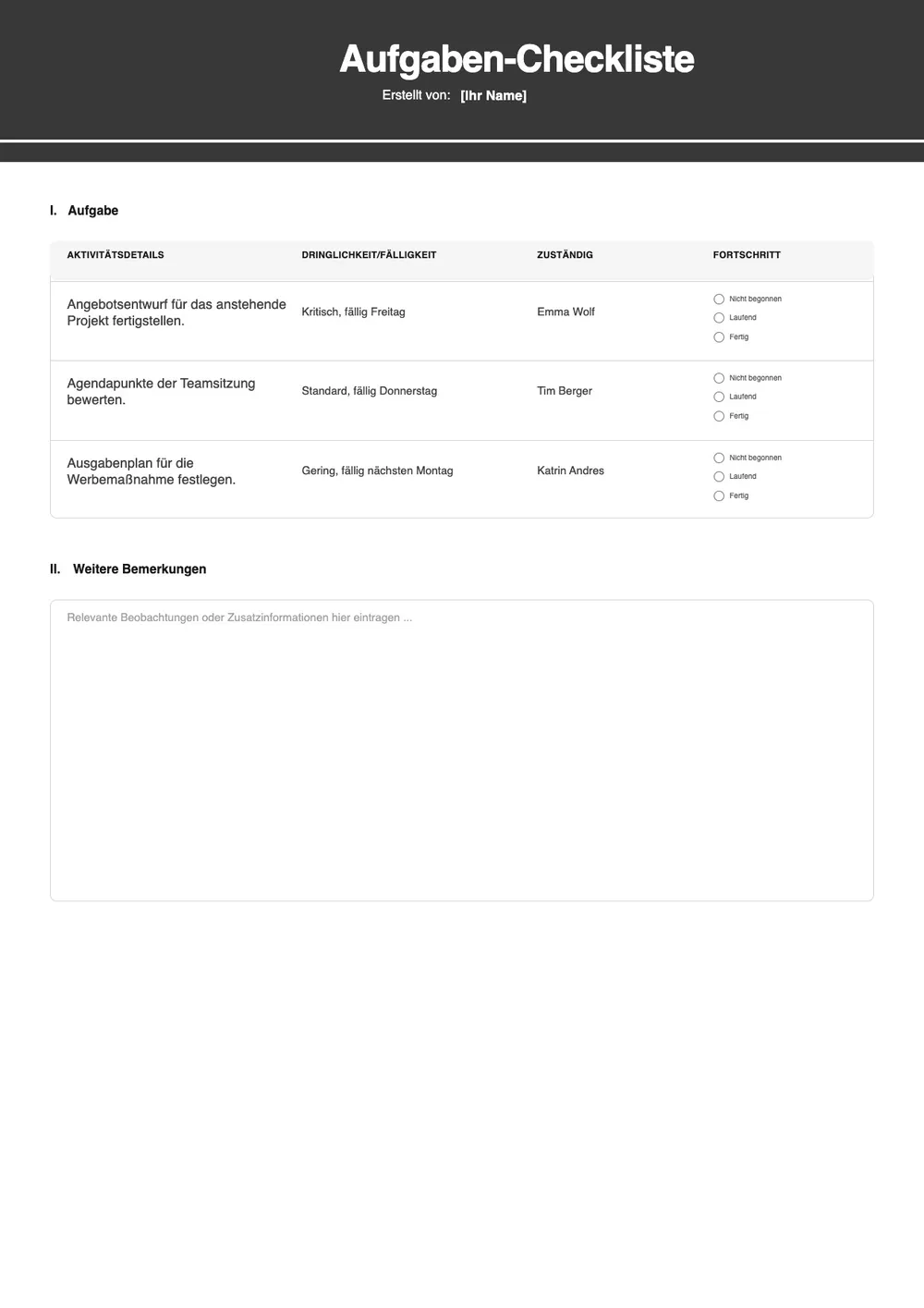 Vorlage für Aufgaben-Checkliste