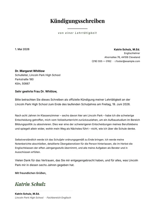 Kündigungsschreiben für Lehrkräfte