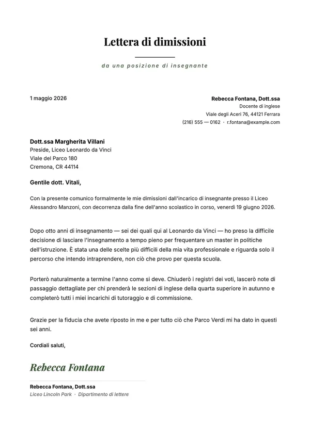 Lettera di dimissioni per insegnanti