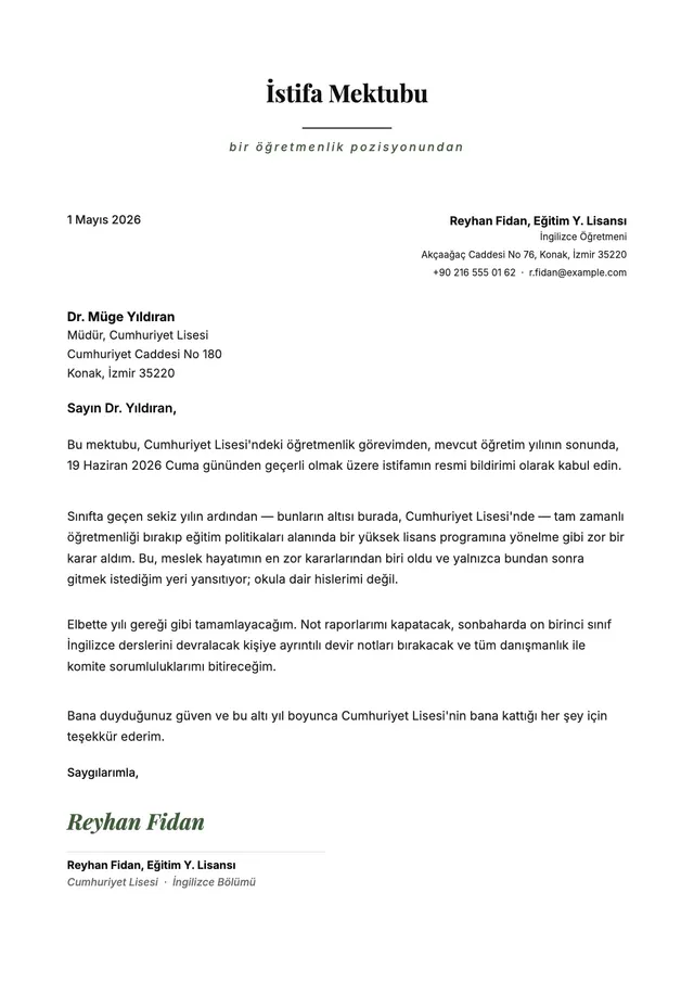 Öğretmen istifa dilekçesi
