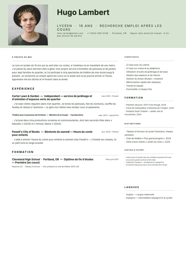 CV pour adolescent