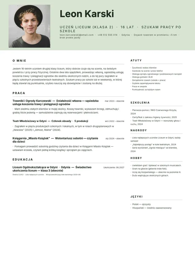 Wzór CV dla nastolatka