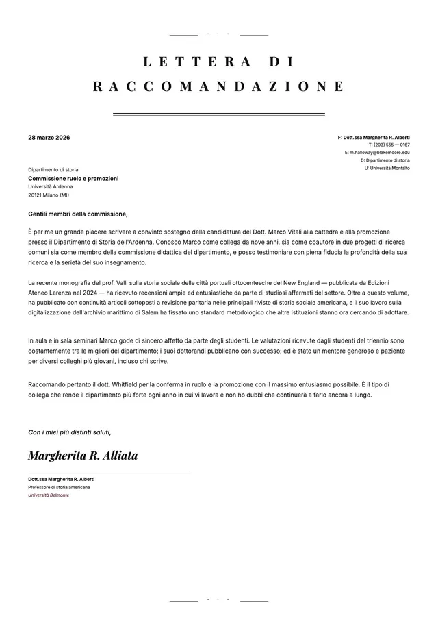 Lettera di raccomandazione per la cattedra