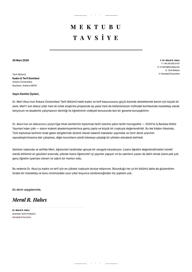 Akademik kadro için referans mektubu