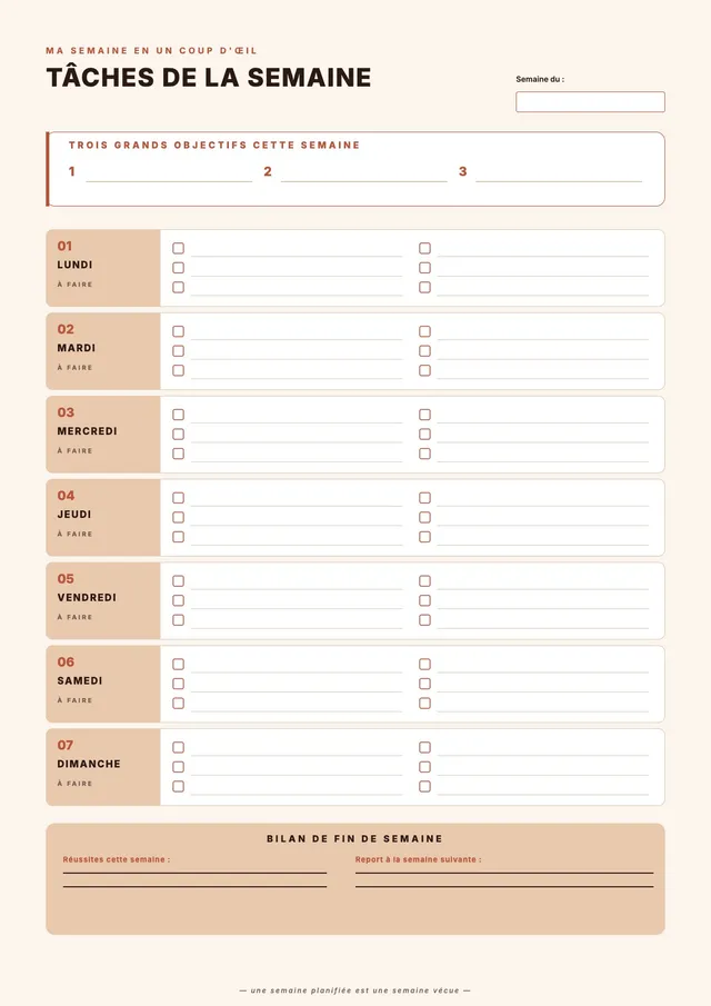 Liste de tâches hebdomadaire terracotta