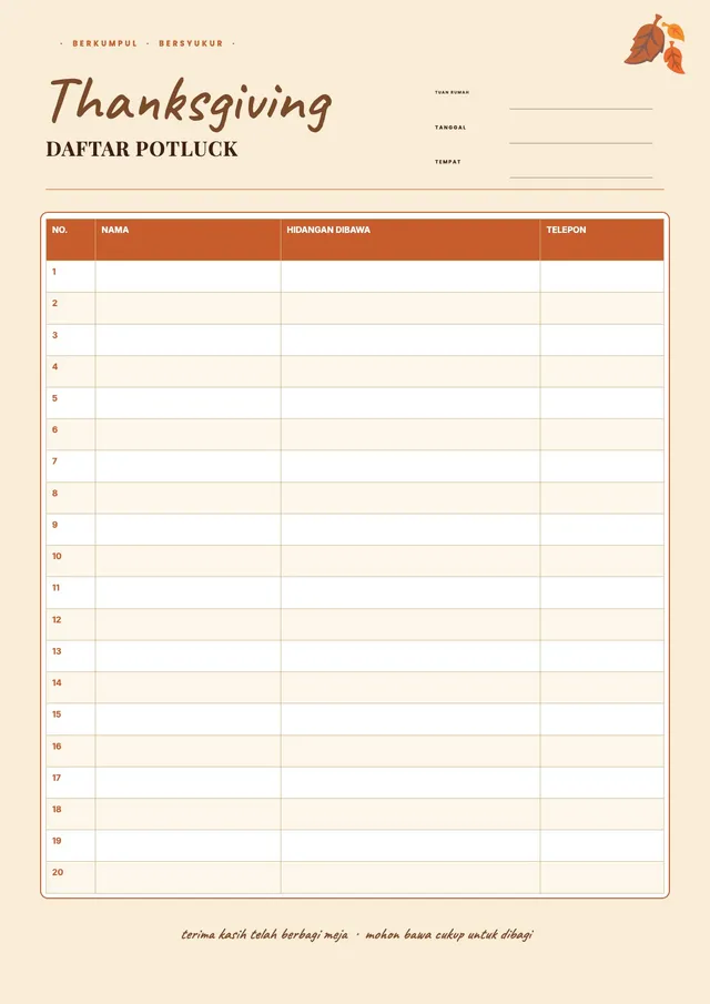 Daftar Pendaftaran Potluck Thanksgiving