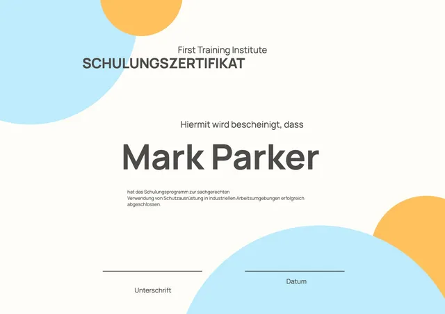 Vorlage für Schulungszertifikat