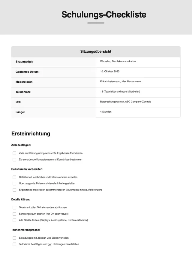Vorlage für Schulungscheckliste