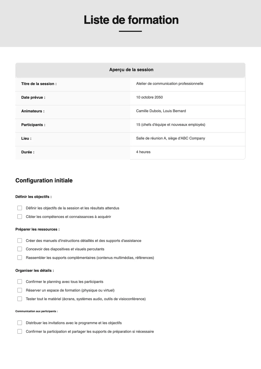 Modèle de check-list de formation