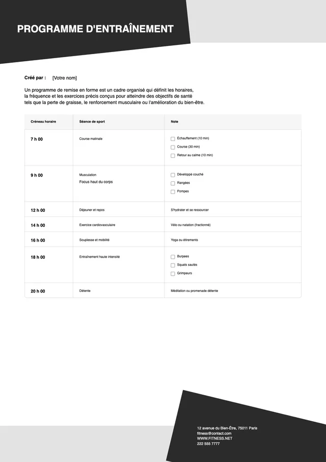 Modèle de planning d'entraînement