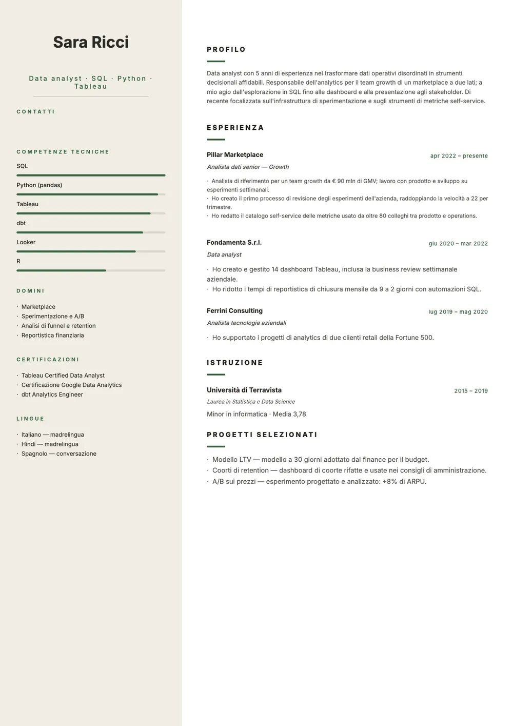 Modello di curriculum a due colonne